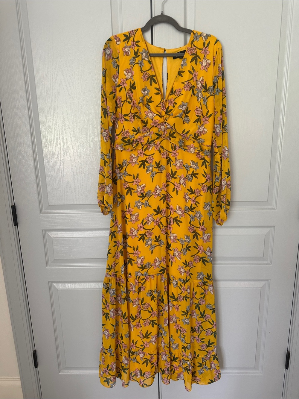 Lulu's Yellow Floral Twist-Front Long Sleeve Maxi Dress